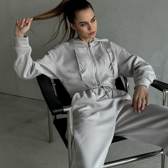 Damen kombinierter Sweat-Hoodie und Weite Hose Set Fudus