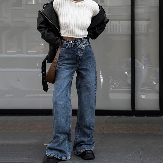 Damen lässige High-Waist Jeans mit seitlichen Schlitzen Fudus