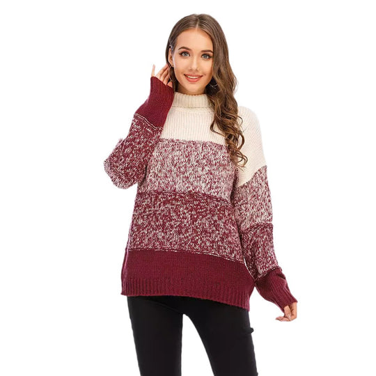 Damen kuscheliger Strickpullover mit hohem Kragen und modischem Farbblockdesign Fudus
