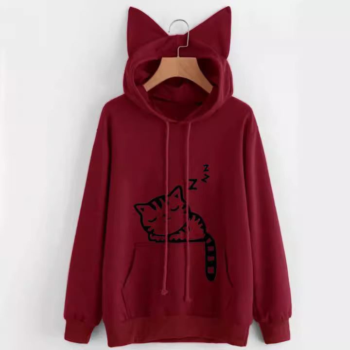 Damen Kapuzenpullover mit niedlichem Katzenmotiv Fudus
