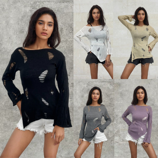 Damen modischer Lockere Pullover mit Lochmuster Fudus