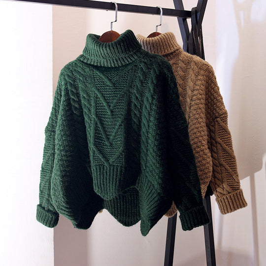 Damen Grobstrick-Pullover mit hohem Kragen und Zopfmuster Fudus