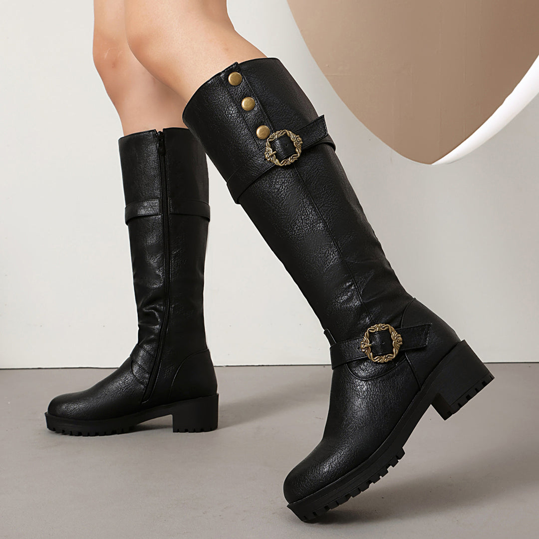 Damen Hohe und stilvolle Stiefel mit dekorativen Schnallen Fudus