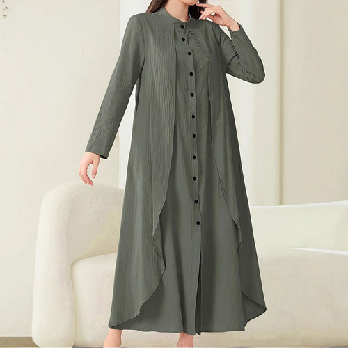 Damen Langarm-Blusenkleid mit asymmetrischem Schnitt und Knopfleiste Fudus