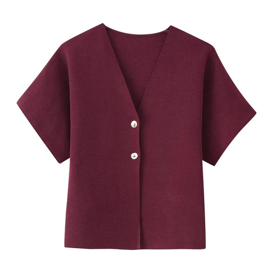 Damen Kurzarmjacke mit V-Ausschnitt und dekorativen Knöpfen Fudus