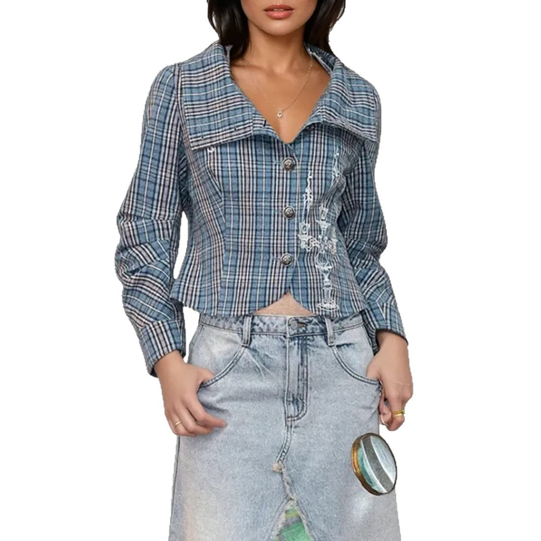 Damen Karierte Cropped Jacke Fudus