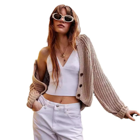 Damen lässige Strickjacke mit dekorativem Knopfverschluss und voluminösen Ärmeln Fudus