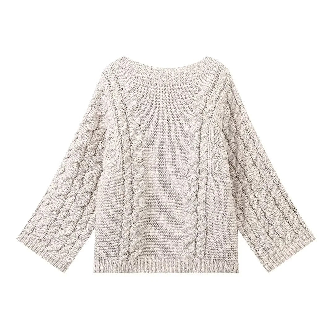 Damen kuscheliger Strickpullover mit Zopfmuster und weitem Schnitt Fudus
