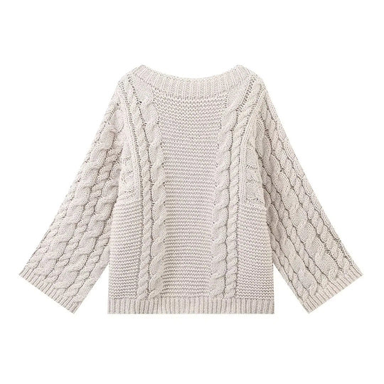 Damen kuscheliger Strickpullover mit Zopfmuster und weitem Schnitt Fudus