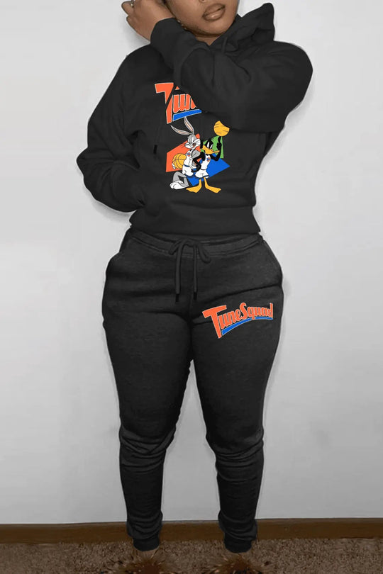 Damen Hoodie- und Jogginghose-Set mit energischem Cartoon-Motiv Fudus
