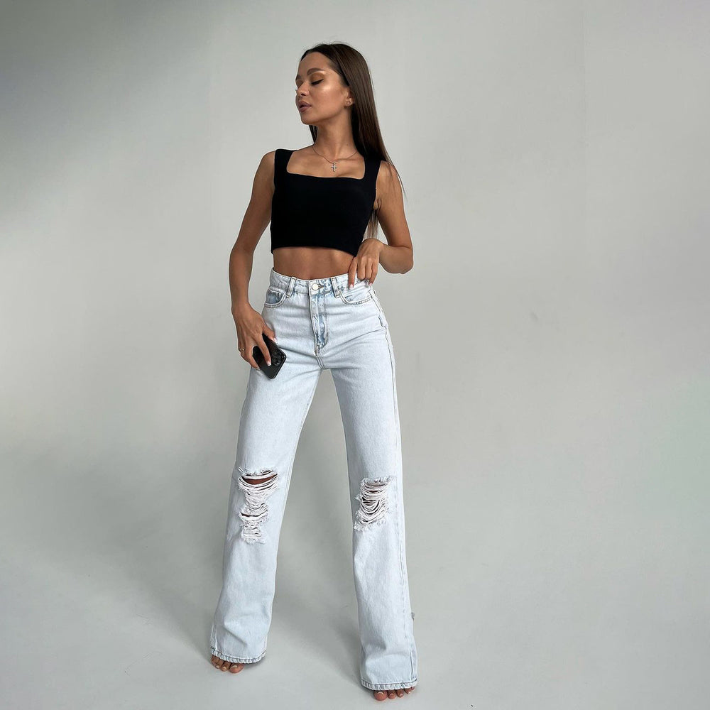 Damen lässige High-Waist Jeans mit ausgefransten Details Fudus