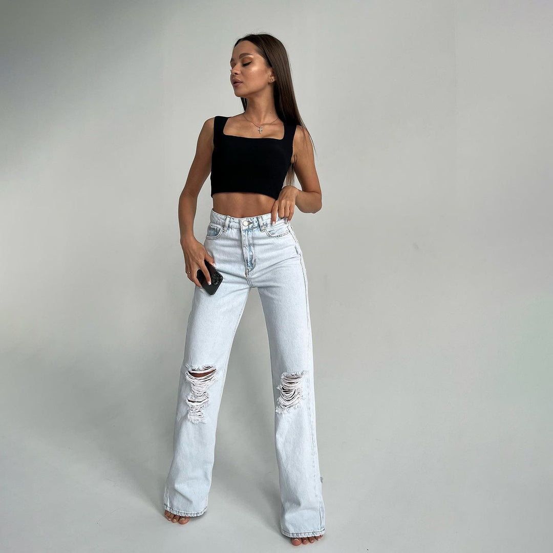 Damen lässige High-Waist Jeans mit ausgefransten Details Fudus