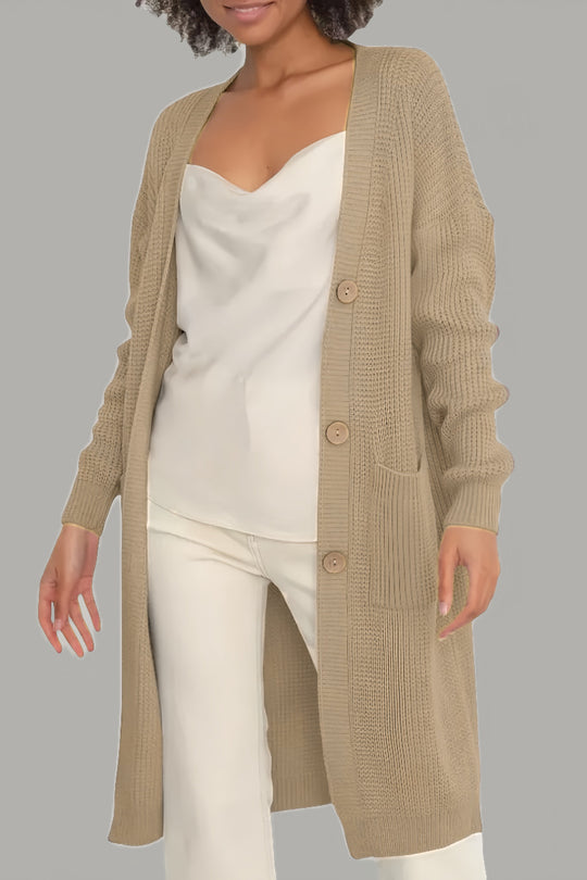 Damen langer Strickcardigan mit Knopfdetails und praktischen Taschen Fudus