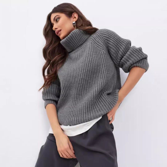 Damen Grobstrickpullover mit hohem Kragen und lockerer Passform Fudus
