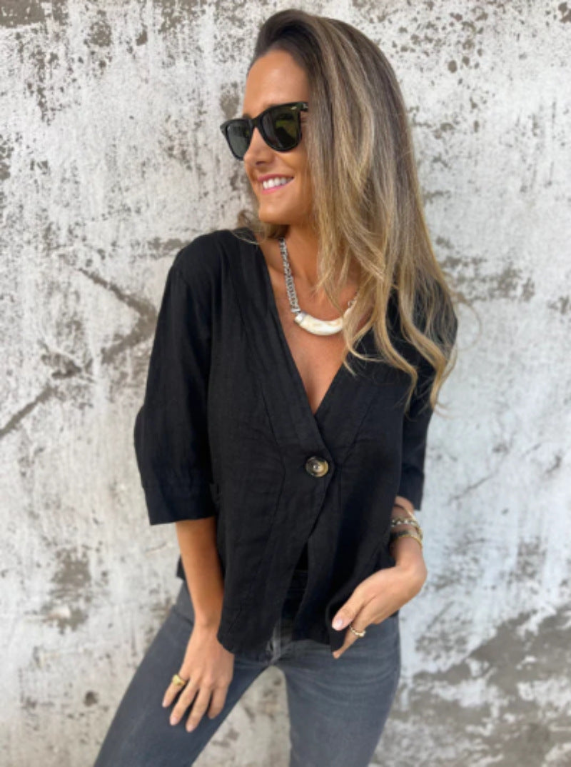 Damen Leichtes Leinenblazer mit kurzer Arm Fudus