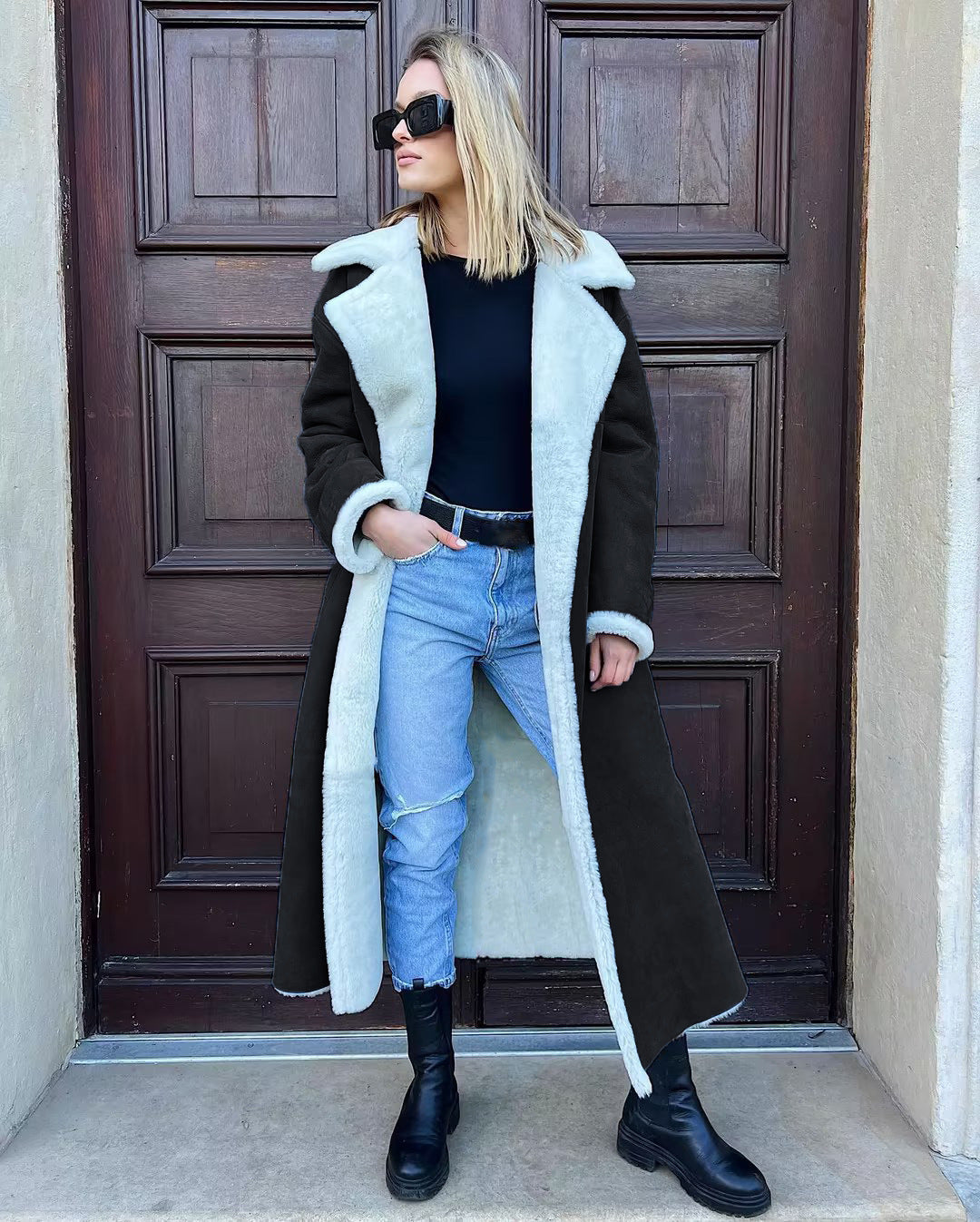 Damen Langer Fleece-Mantel mit Umlegekragen Fudus