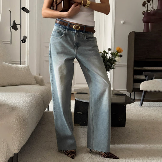 Damen lässige High-Waist Jeans mit weitem Bein und einzigartiger Waschung Fudus