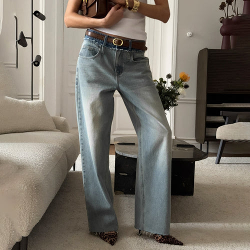 Damen lässige High-Waist Jeans mit weitem Bein und einzigartiger Waschung Fudus