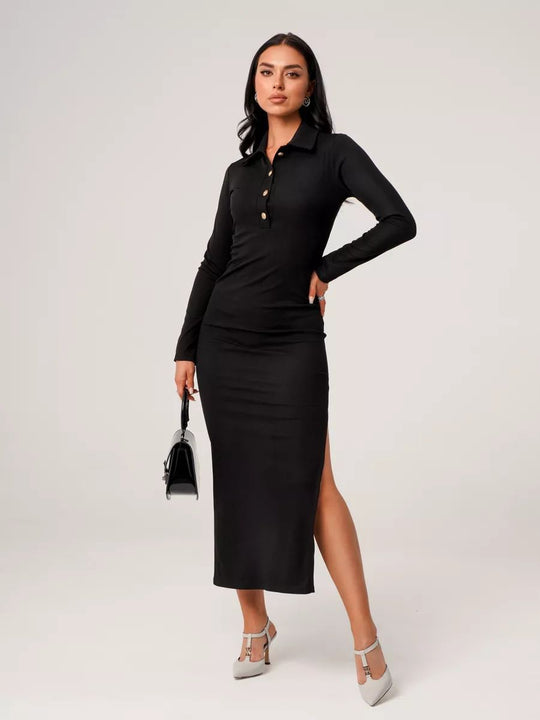 Damen Langarmkleid mit Knopfleiste und tiefem Schlitz Fudus