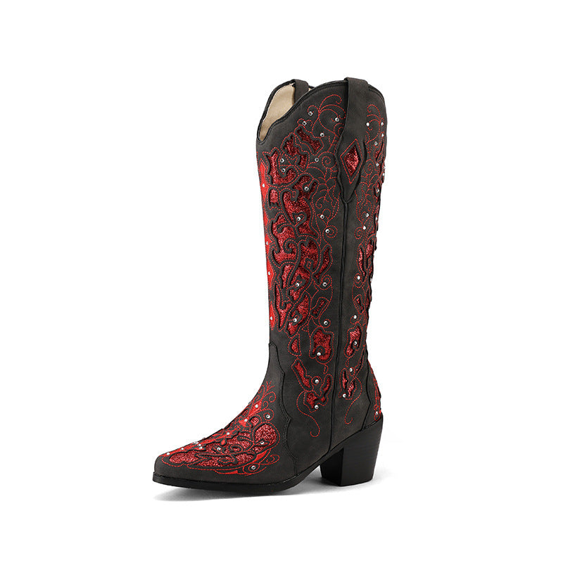 Stiefel Damen Knielang Western Stiletto Verziert