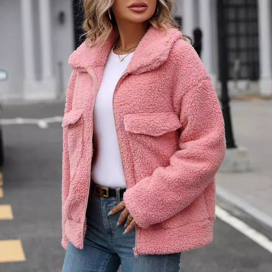 Damen Kuscheljacke mit großen Vordertaschen und Reißverschluss Fudus
