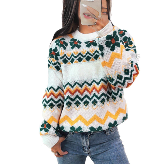 Damen Grobstrickpullover mit buntem Zickzackmuster und floralen Akzenten Fudus