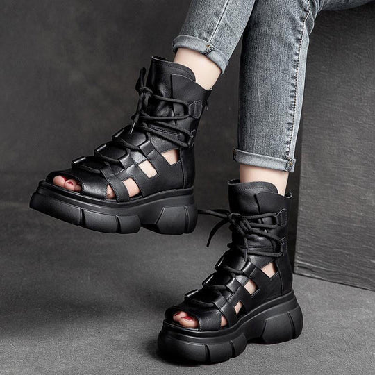 Damen Chunky Sandalen Offene Zehen Sportliches Schnürdesign Leder