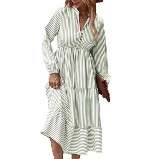 Damen Langärmeliges gestreiftes Kleid mit Knopfleiste Fudus