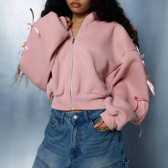 Damen lässige Bomberjacke mit dekorativen Schleifen Fudus