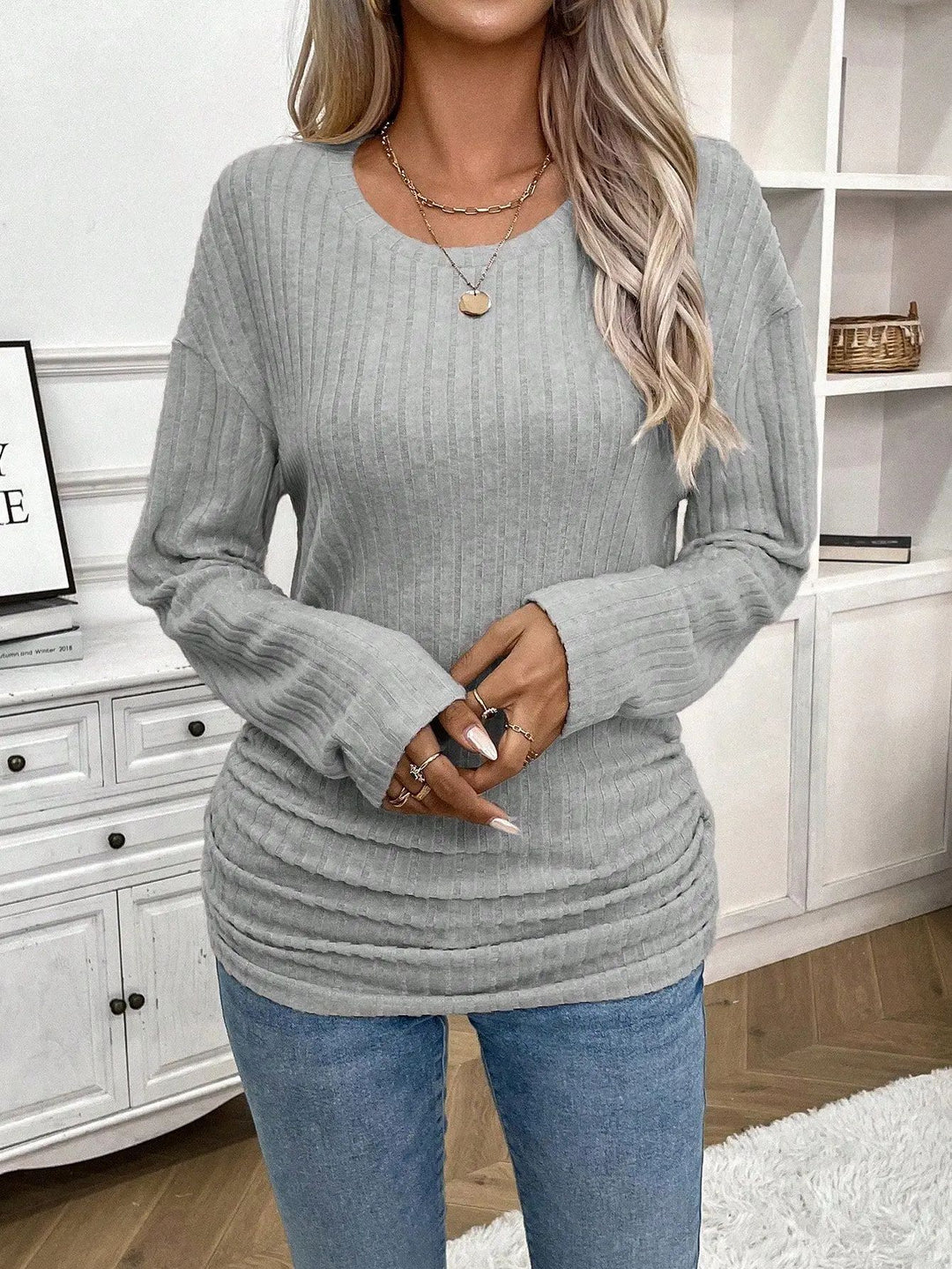 Damen Langärmliges Ripp-Oberteil mit taillierter Schnittführung Fudus