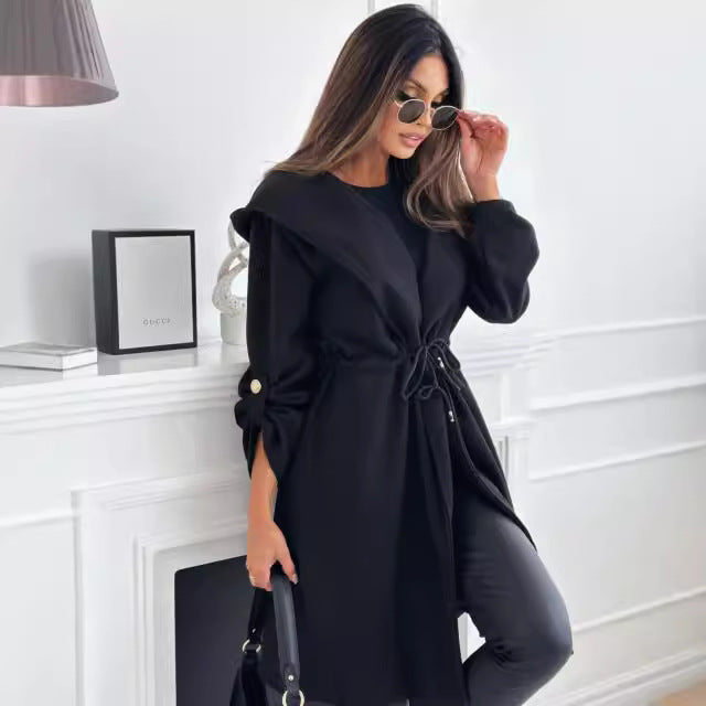 Damen Hüftlanger Stoffmantel mit Kapuze und Taillengürtel Fudus