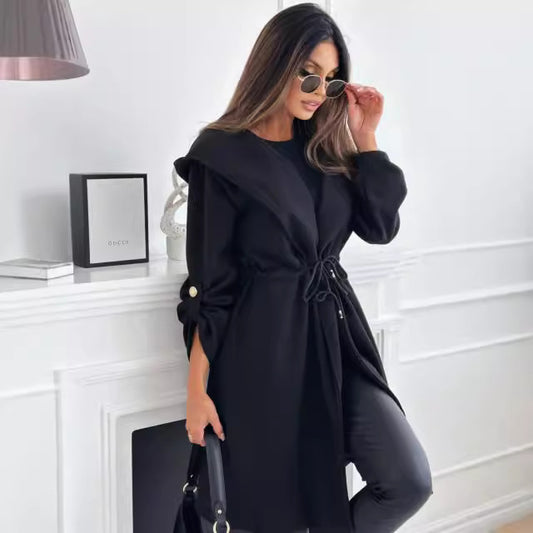 Damen Hüftlanger Stoffmantel mit Kapuze und Taillengürtel Fudus