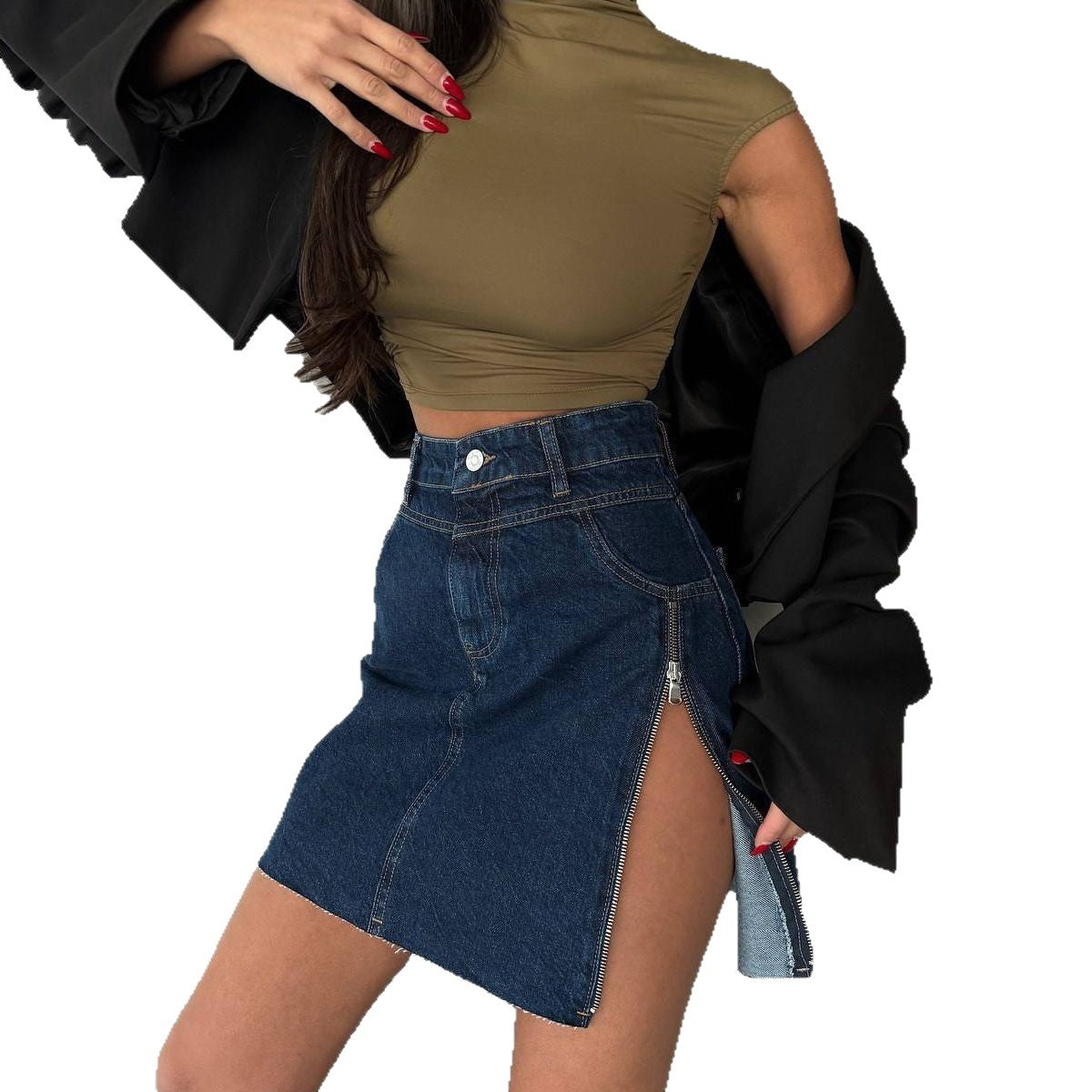 Damen Denim-Minirock mit Seitenschlitz und hohem Bund Fudus