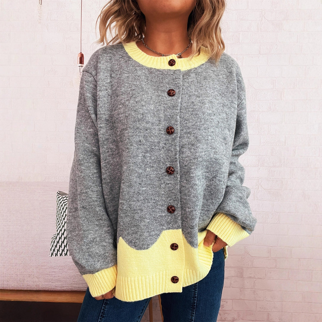 Damen lässige Strickjacke mit buntem Kontrast und eleganten Knopfdetails Fudus