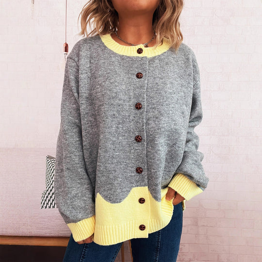 Damen lässige Strickjacke mit buntem Kontrast und eleganten Knopfdetails Fudus