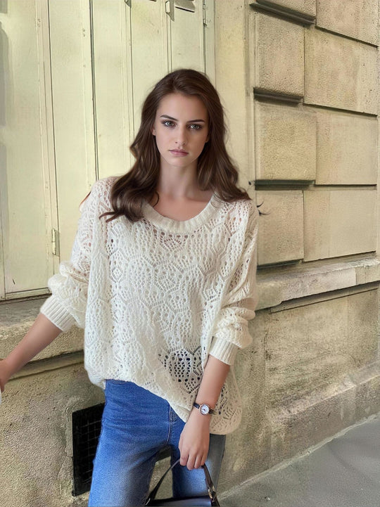 Damen Grobstrick Pullover im modernen Spitzenmuster Fudus