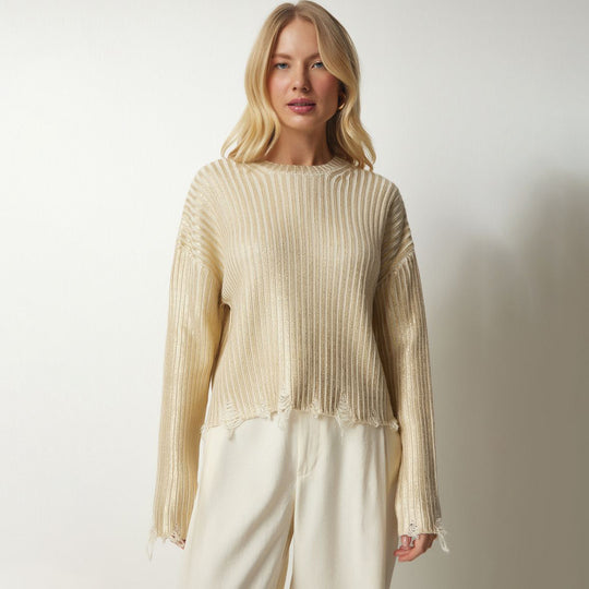 Damen modischer cropped Strickpullover mit einzigartigen Fransen Fudus