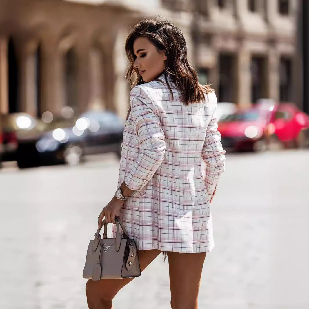 Damen Karierter Blazer mit doppelter Knopfreihe und eleganten Details Fudus