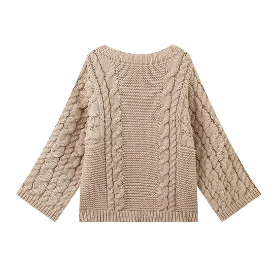 Damen kuscheliger Strickpullover mit Zopfmuster und weitem Schnitt Fudus