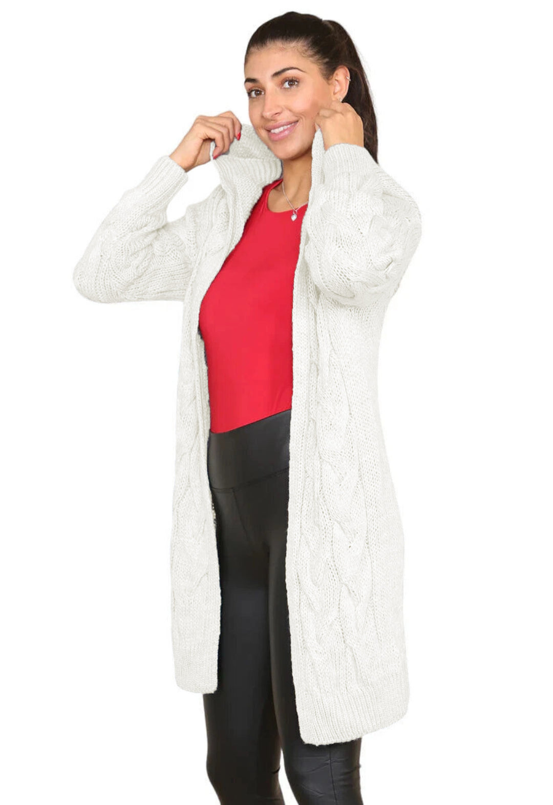 Damen kuscheliger Strickmantel mit Kapuze und großen Zopfmustern Fudus