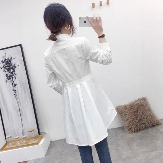 Damen Langarmbluse mit tailliertem Schnitt und knöpfbarem Stehkragen Fudus