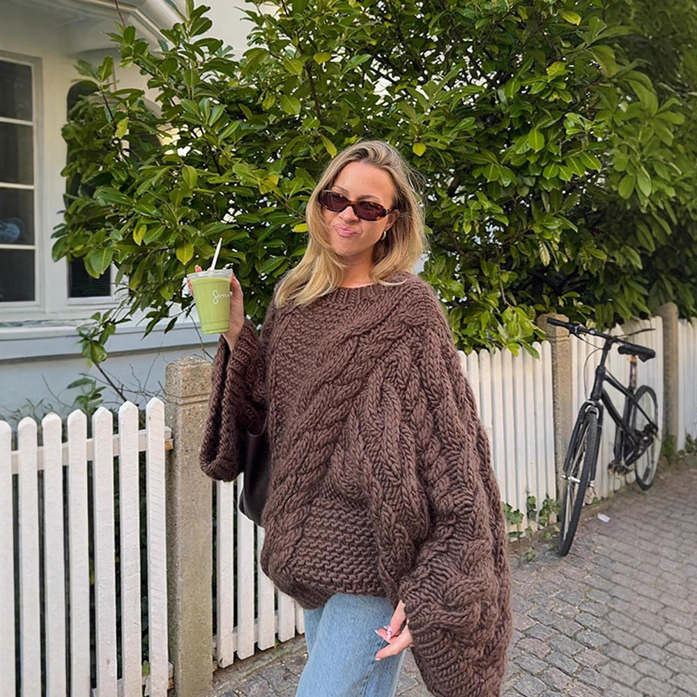 Damen Grobstrickpullover mit weiten Ärmeln Fudus