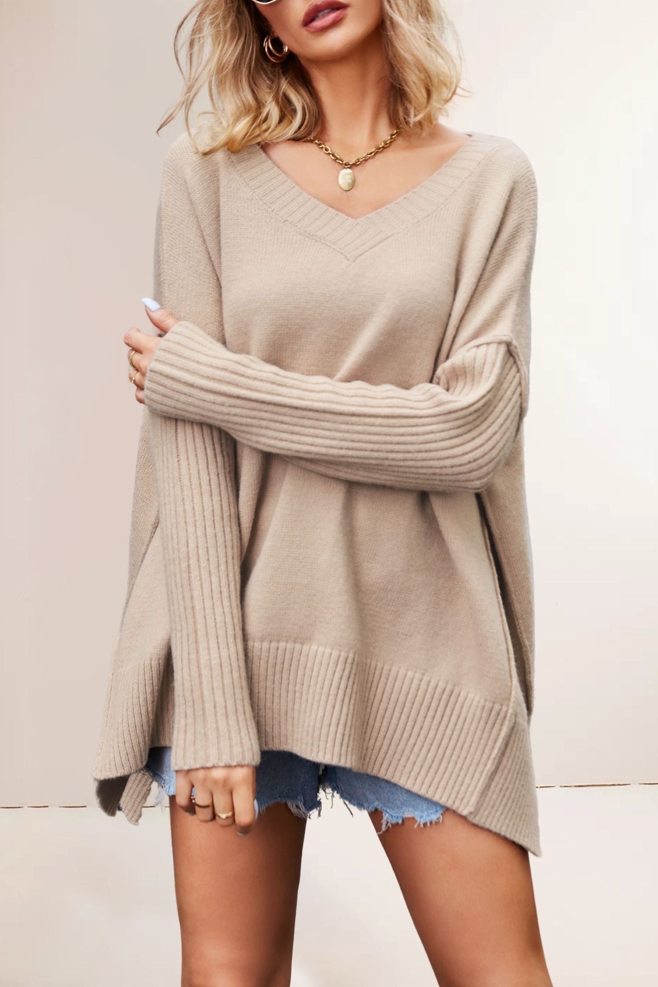 Damen oversized V-Ausschnitt Pullover mit strukturierten Ärmeln Fudus