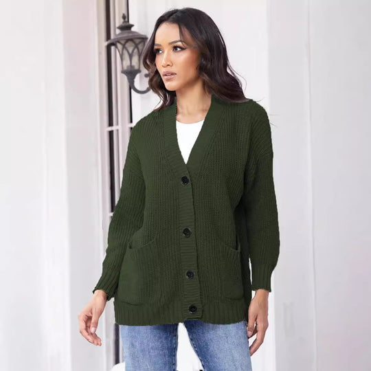 Damen Grobstrickjacke mit großen Taschen und modernem Knopfdesign Fudus