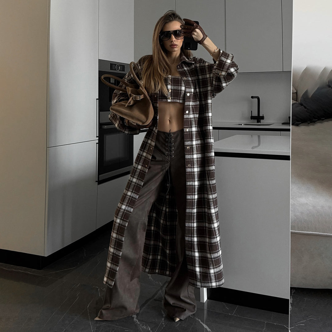 Damen Langes Karo-Hemdkleid mit abnehmbaren Ärmeln Fudus