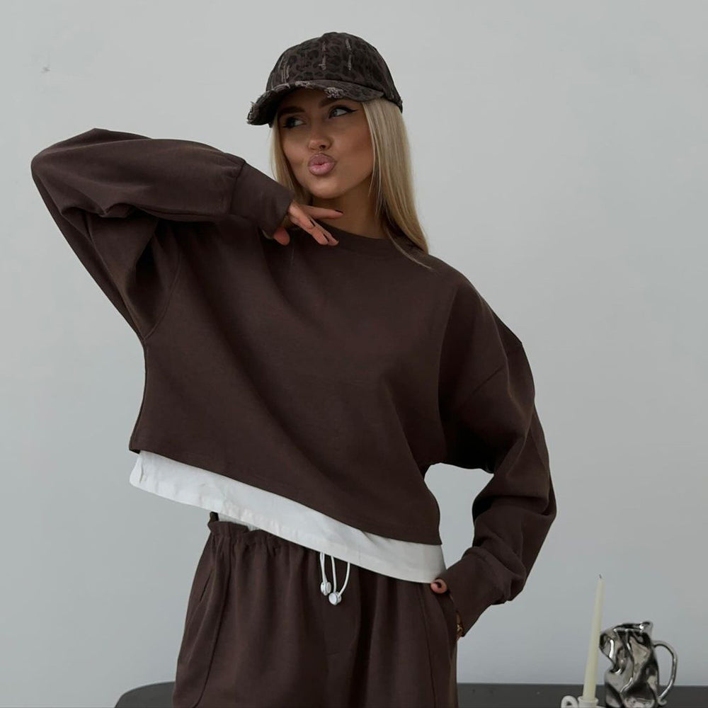 Damen modischer Cropped Sweatshirt und lässige weite Lounge-Hosen Set Fudus