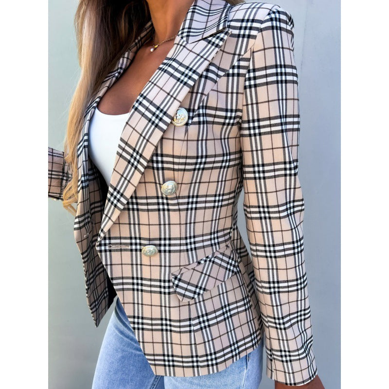 Damen Karierter Blazer im modernen Schnitt mit doppelter Knopfreihe und eleganten Details Fudus