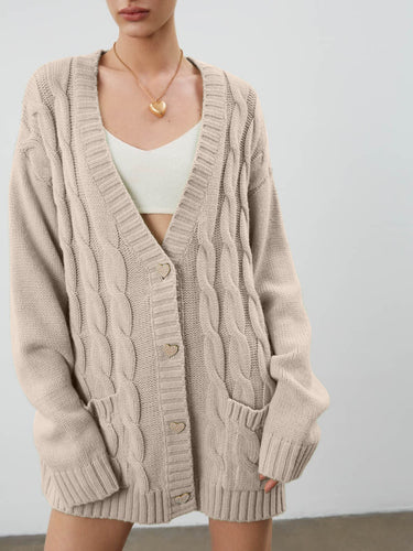 Damen Kuschelige Strickjacke mit Zopfmuster und herzförmigen Knöpfen Fudus