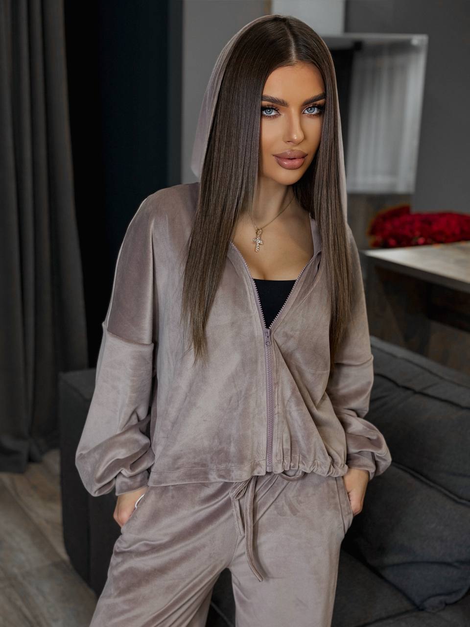 Damen kuscheliges Velours-Loungewear-Set mit weitem Schnitt Fudus