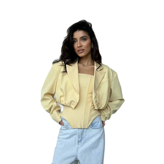 Damen Kurze Blazerjacke mit tailliertem Schnitt und Puffärmeln Fudus